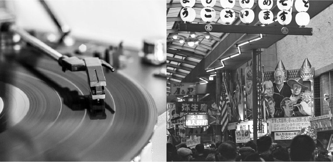 創業当時の1960年代の大阪なんばの街なみ。有線音楽放送の展開前、レコードプレーヤーにレコードがセットされて音を奏でている様子